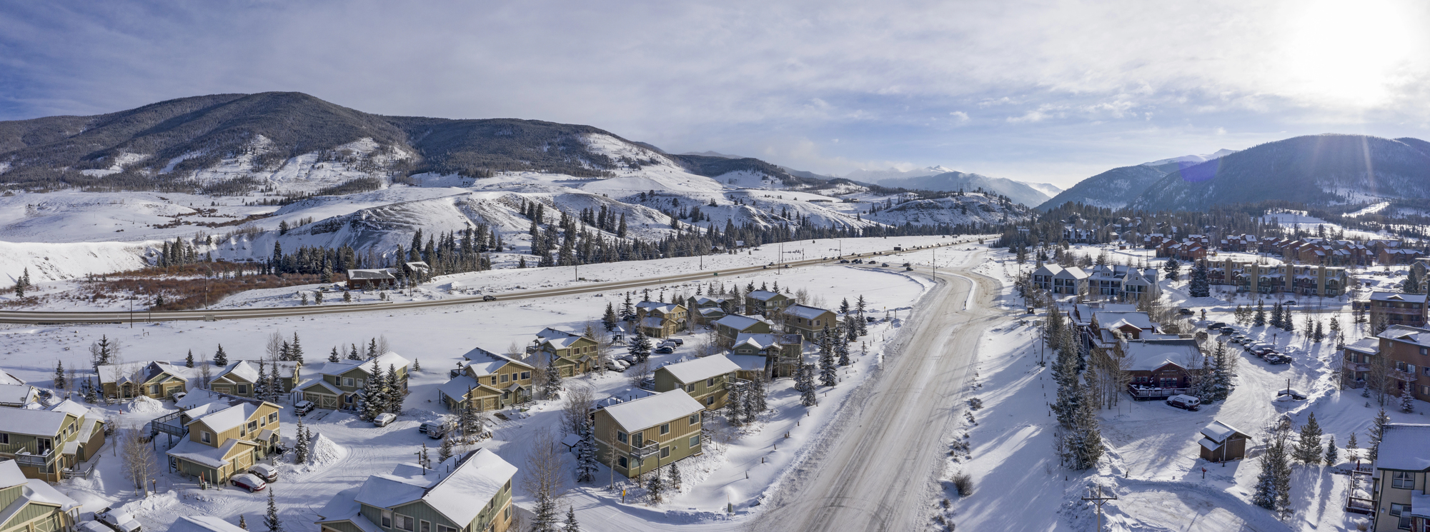 Dillon Colorado Aerial Panoramic View Towards Keystone Winter Road