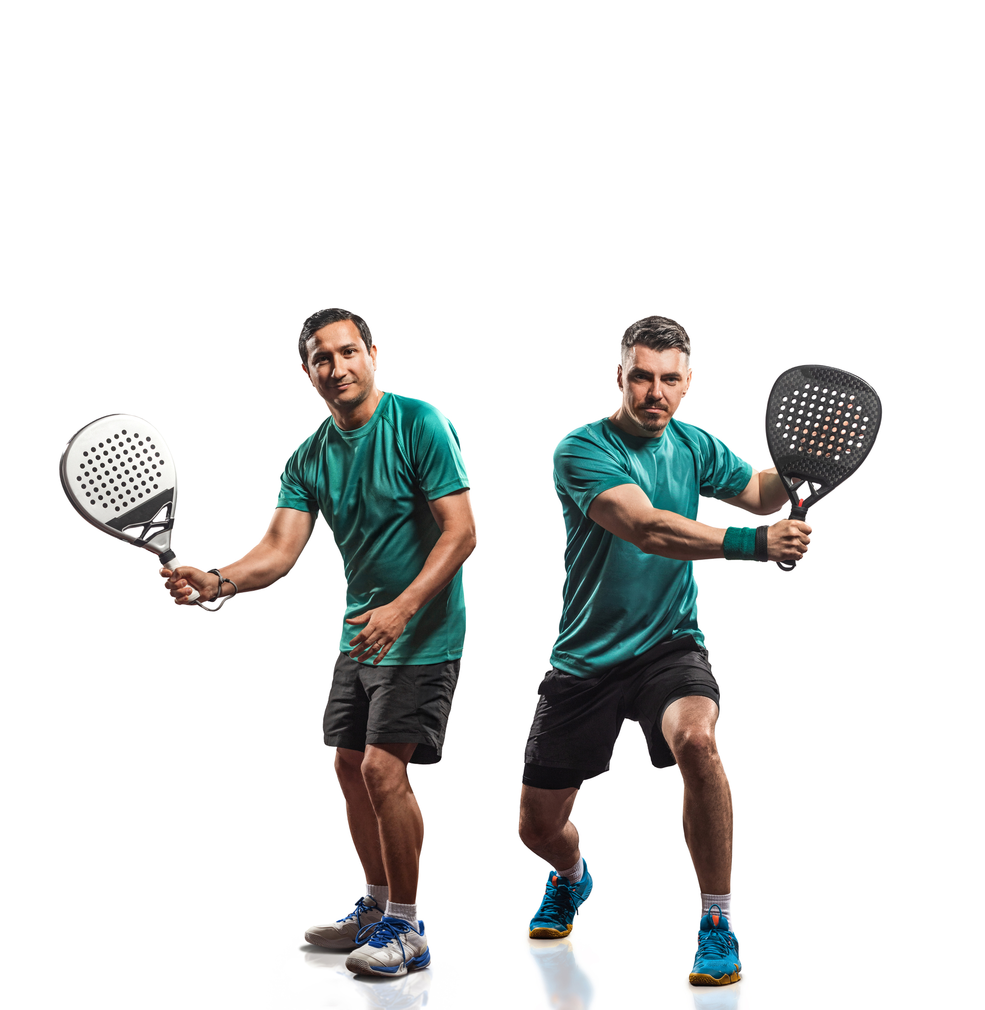Two Professional Padel Players With Rackets Isolated On White Background. Open Social Tournament Template.
