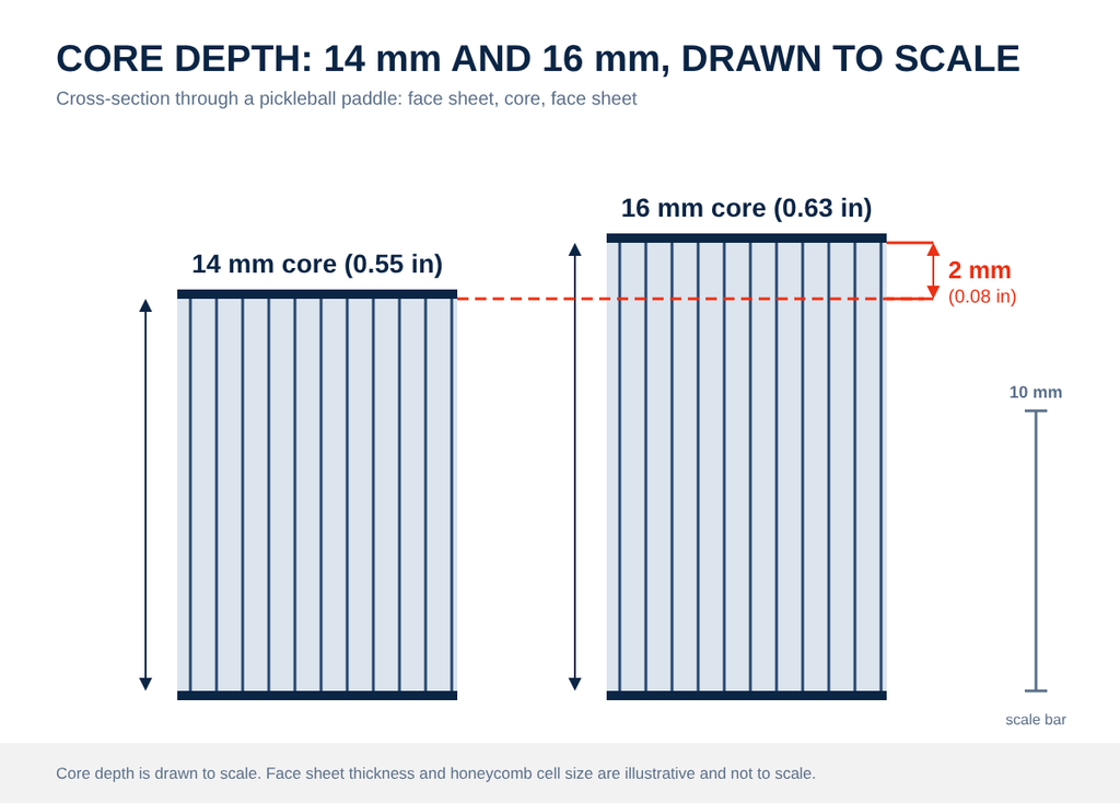 Cross-section of two paddle cores side by side at the same scale, one 14 mm (0.55 in) deep and one 16 mm (0.63 in) deep, each between two face sheets. A dashed line at the 14 mm level across the taller core marks the 2 mm (0.08 in) difference, and a 10 mm scale bar sits at the right.