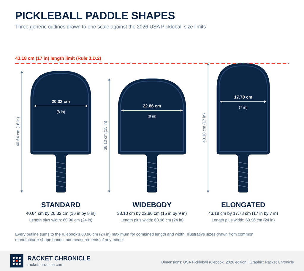 Diagram of three generic pickleball paddle outlines drawn to one scale: standard 40.64 cm by 20.32 cm (16 in by 8 in), widebody 38.10 cm by 22.86 cm (15 in by 9 in) and elongated 43.18 cm by 17.78 cm (17 in by 7 in), with a dashed line marking the 43.18 cm (17 in) length limit and a note that each shape sums to the 60.96 cm (24 in) combined length and width limit.